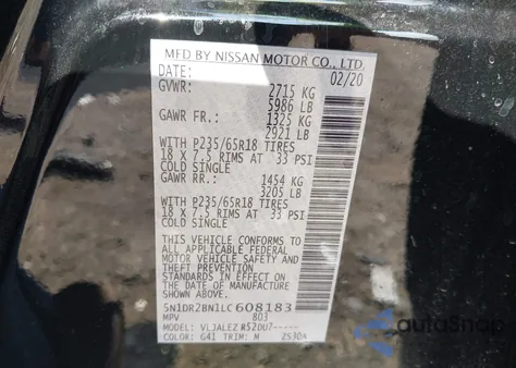 2020 Nissan Pathfinder Sv z USA, uszkodzony, nr VIN 5N1DR2BN1LC608183